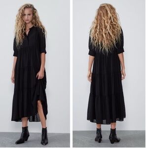 Zara XS Black Swiss Dot Midi Dress Great Transitional Dress